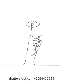 Continuous one line hand drawn of a hand with a finger on lips, please be quiet, silence, secrecy, or confidentiality. Ideal for branding, posters, editorials, and digital content. Editable stroke