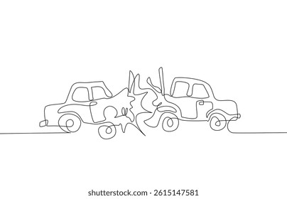 Continuous one line hand drawn of a car crash, depicting two old-style cars colliding head-on with dramatic impact. Minimalist black line on white background, Vector illustration, Editable stroke