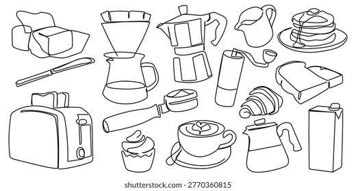 Continuous one line Hand drawn. Coffee equipment and supplies set, Moka pot, coffee grinder, portafilter, drip coffee maker, butter, toaster, milk carton, pitcher, latte art, croissant
