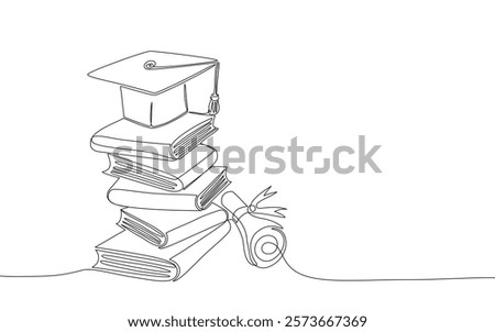 Continuous one line hand drawn of graduation hat and books with certificated roll, Vector illustration, Editable stroke