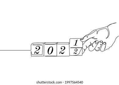 Una línea continua de la mano flop cupe con el número uno a número dos en silueta sobre un fondo blanco. Linear estilizado.Minimalista. Feliz Año Nuevo 2022