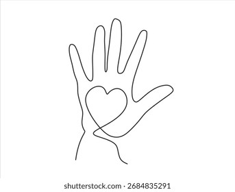 Una línea continua de la mano con el corazón. Manos levantadas voluntariamente concepto de Vector una línea. Dibujado a mano. Trazo editable	