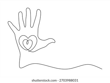 Una línea continua de la mano con el corazón. Manos levantadas voluntariamente concepto de Vector una línea. Dibujado a mano. Trazo editable	

