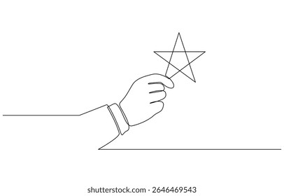 Uma linha contínua de mão segurar estrela com indicador e polegar, Mão segura estrela na palma da mão, coloca classificação, comentários. Linha contínua vetorial.