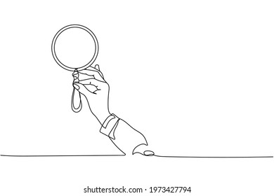 Continuous one line of hand holding a round mirror in silhouette. Linear stylized. Minimal style.