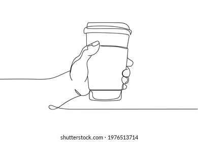 Continuous one line of hand holding cup of coffee in silhouette. Linear stylized. Minimalist.