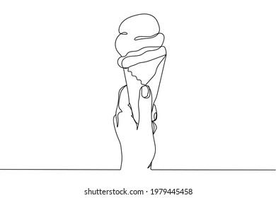 Continuous one line of hand holding ice cream in silhouette. Linear stylized.Minimalist.