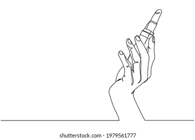 Continuous one line of hand holding lipstick in silhouette. Linear stylized.Minimalist. Cosmetics concept