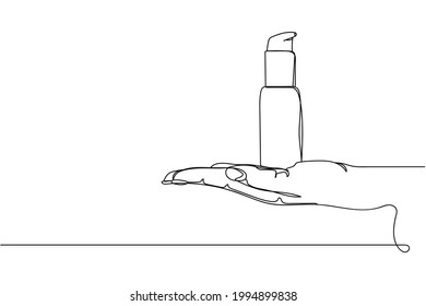 Durchlaufend eine Hand, die die Kosmetikcreme in Silhouette auf weißem Hintergrund hält. Linear stylisiert.Minimalist.