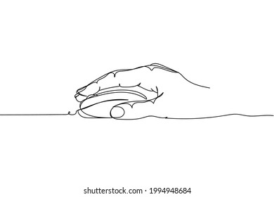Continuous one line of hand holding pc mouse in silhouette on a white background. Linear stylized.Minimalist.