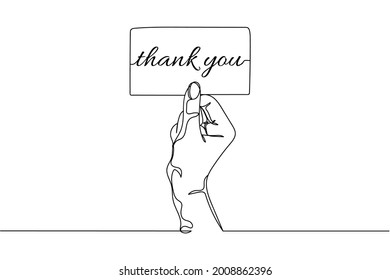 Continuous one line hand holding card and quote thank you in silhouette white background  Linear stylized Minimalist 