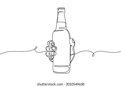 Una línea de mano continua sosteniendo una botella de cerveza en silueta sobre un fondo blanco. Linear estilizado.Minimalista.