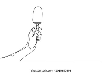 Una línea de mano continua sosteniendo helado en silueta sobre un fondo blanco. Linear estilizado.Minimalista.