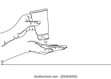 Una línea de mano continua sosteniendo cosméticos de crema en silueta sobre un fondo blanco. Linear estilizado.Minimalista.