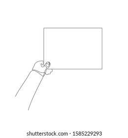 Continuous one line hand holds blank sheet copyspace. Vector stock illustration.