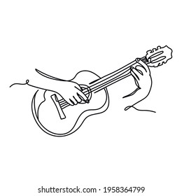 Continuous one line of hand playing acoustic guitar string instrument in silhouette. Minimal style. Perfect for cards, party invitations, posters, stickers, clothing. Black abstract icon.