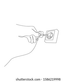 Continuous one line hand plugs into a power outlet. Electricity theme. Stock vector illustration.