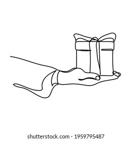 Continuous one line of hand and a small gift box in silhouette. Minimal style. Perfect for cards, party invitations, posters, stickers, clothing. Black abstract icon. Christmas or birthday concept