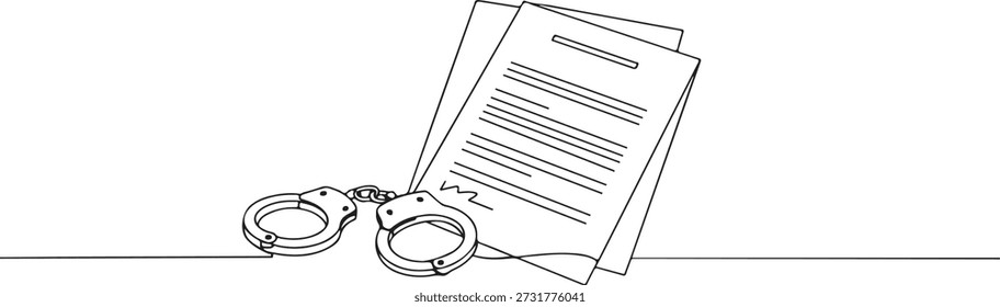 Uma linha contínua de algemas ao lado de papéis legais, lei e arte da justiça, ilustração vetorial desenhada.