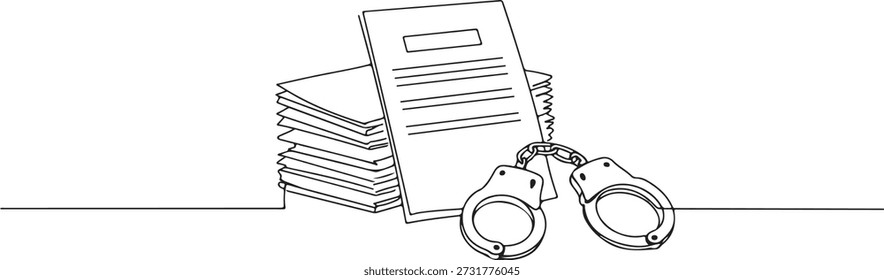Uma linha contínua de algemas ao lado de papéis legais, lei e arte da justiça, ilustração vetorial desenhada.