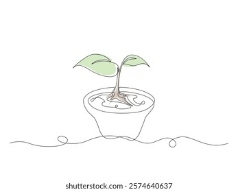 Continuous one line hand-drawn of a young plant in a pot, with minimal color accents, isolated on a white background. Perfect for eco-friendly, gardening, or minimalist design, Vector Editable stroke