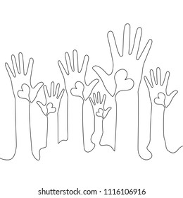 Continuous one line Hands and hearts  Raised hands volunteering vector concept