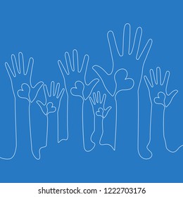 Continuous one line Hands with hearts Raised hands volunteering vector concept
