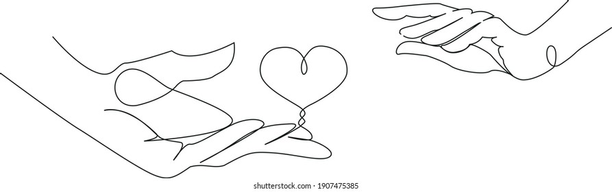 Continuous one line hands hold the heart. Illustration for February 14. Valentine's Day. Stock vector illustration.