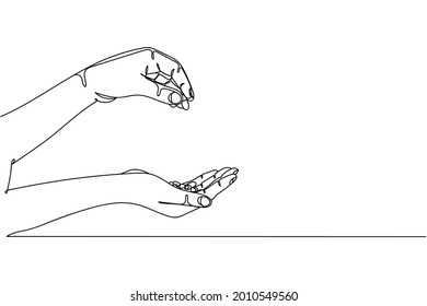 Continuous one line of hands hold a lot of pills in silhouette on a white background. Linear stylized.Minimalist.