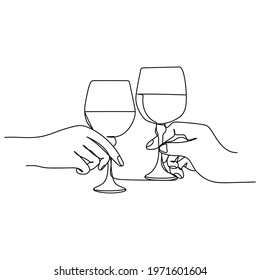 Continuous one line of hands holding a glasses with cocktail in silhouette. Linear stylized. Minimal style.