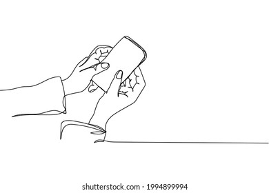 Continuous one line of hands holding smartphone in silhouette on a white background. Linear stylized.Minimalist.