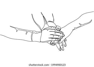Continuous one line of hands holding couple hands in silhouette on a white background. Linear stylized.Minimalist. 