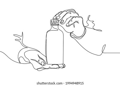Continuous one line of hands holding medical bottle in silhouette on a white background. Linear stylized.Minimalist.