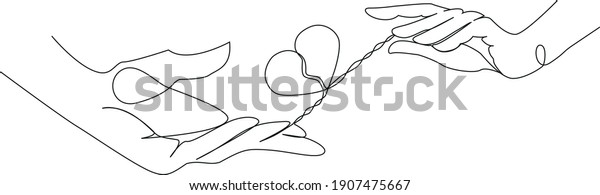 Continuous one line hands pass, tear,\
divide, hold the heart. Illustration for February 14. Valentine\'s\
Day. Stock vector\
illustration.