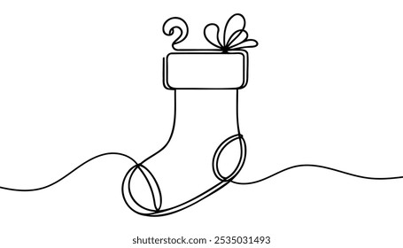 Continuous one line of hanging christmas sock in silhouette on a white background.