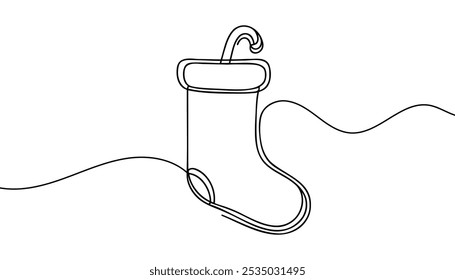 Continuous one line of hanging christmas sock in silhouette on a white background.