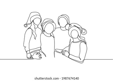 Continuous one line of happy family in christmas style in silhouette. Linear stylized.Minimalist.