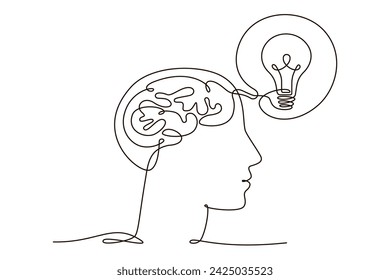 Cabezal continuo de una línea con dibujo de símbolo de bulbo. Icono de concepto de ideas de pensamiento en estilo de garabato lineal simple. Ilustración continua del vector de la línea con el trazo editable para el póster, infografía, folleto