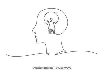 Continuous one line head with bulb symbol drawing.Thinking ideas concept icon in simple linear doodle style. Continuous line vector illustration with editable stroke for poster, infographic, flyer