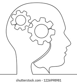 Continuous one line Head of a man with gears inside vector illustration concept