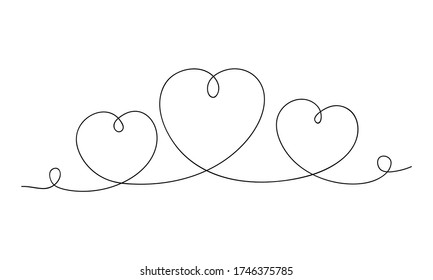 Continuous one line heart drawing. Black contour love sign doodle style, abstract linear art design three hearts isolated on white background. Vector illustration