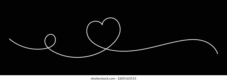 continuous one line heart.  Love linear doodle symbol. flat style on black background eps 10.