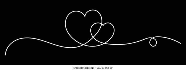 continuous one line heart.  Love linear doodle symbol. flat style on black background eps 10.