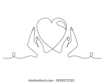 El corazón continuo de una línea en las manos o la ilustración vectorial aislada en fondo blanco.