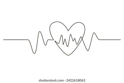 Continuous one line heart pulse symbol drawing. Healthy medicine icon in simple linear doodle style vector illustration with editable stroke. Design for healthcare concept