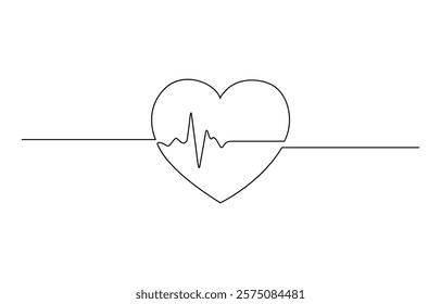 Continuous one line heart pulse symbol drawing. Healthy medicine icon, Continuous Line Drawing of Doodle Heart with Pulse. Hand Drawn Symbol Vector.