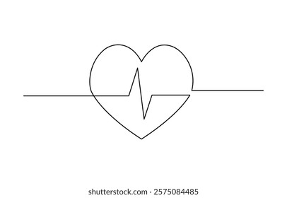 Continuous one line heart pulse symbol drawing. Healthy medicine icon, Continuous Line Drawing of Doodle Heart with Pulse. Hand Drawn Symbol Vector.
