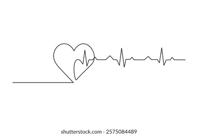 Continuous one line heart pulse symbol drawing. Healthy medicine icon, Continuous Line Drawing of Doodle Heart with Pulse. Hand Drawn Symbol Vector.