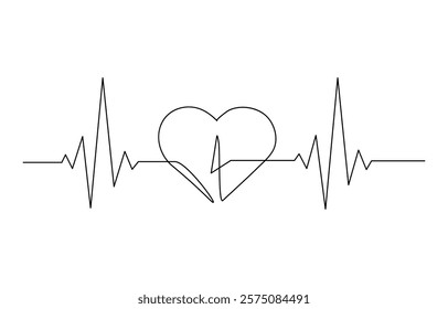 Continuous one line heart pulse symbol drawing. Healthy medicine icon, Continuous Line Drawing of Doodle Heart with Pulse. Hand Drawn Symbol Vector.