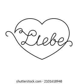 Continuous One Line heart and script cursive text liebe (love in Deutsch). Vector illustration for poster, card, banner valentine day, wedding, print on shirt.